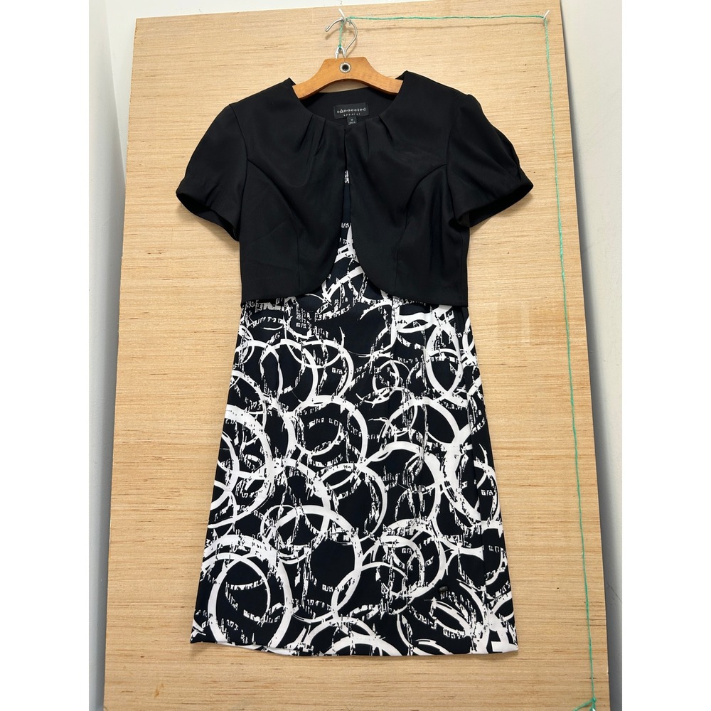Connected Apparel Black White Abstract Swirl Dress and Bolero Jacket Set Size 10